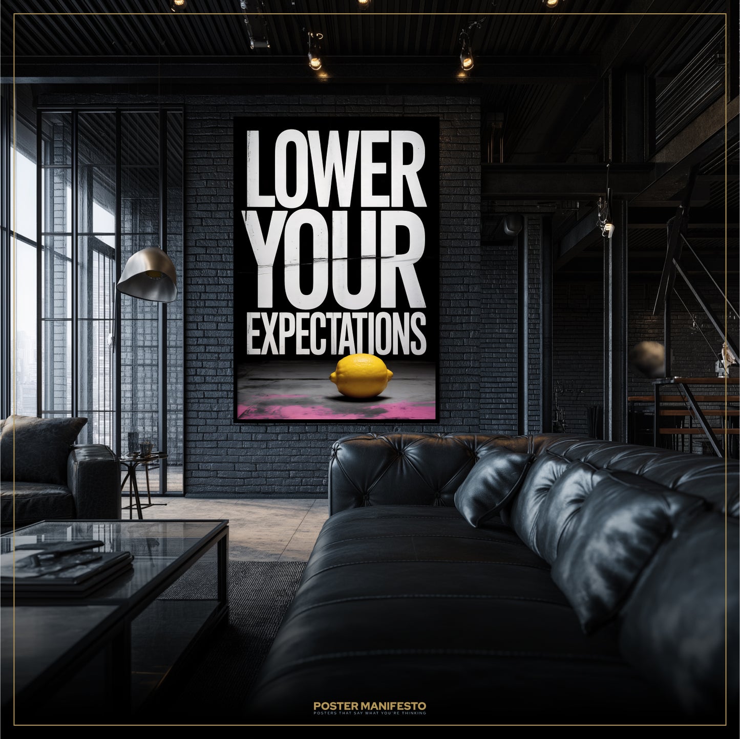 Living room with a black leather sofa and a motivational poster on the wall.