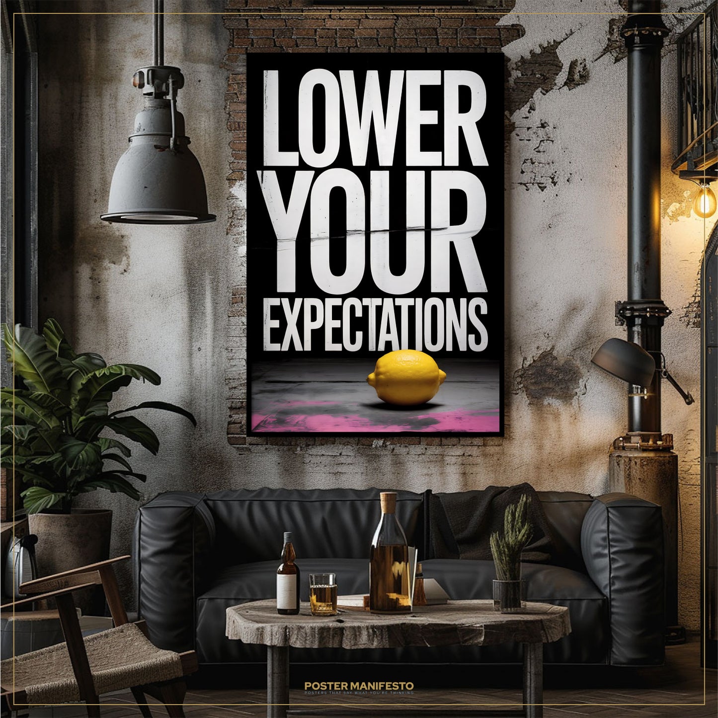 Living room with a black sofa, coffee table, and 'Lower Your Expectations' poster on the wall.