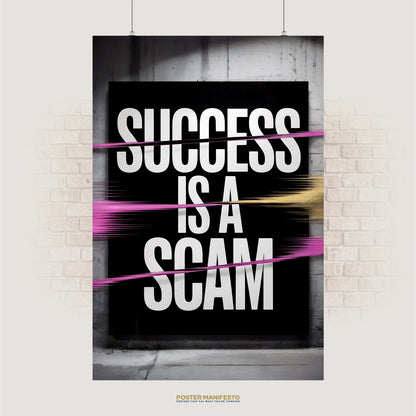 Bold typography poster reading “Success Is A Scam” with pink and gold streaks on black background