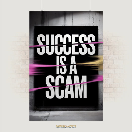 Bold typography poster reading “Success Is A Scam” with pink and gold streaks on black background