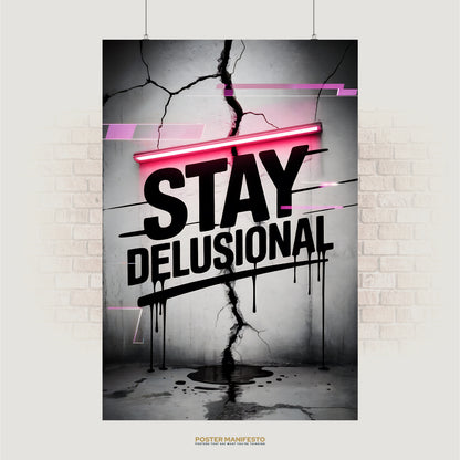 Bold typography poster reading “Stay Delusional” with dripping graffiti effect and pink neon line