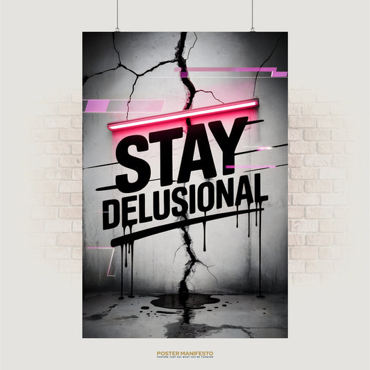 Bold typography poster reading “Stay Delusional” with dripping graffiti effect and pink neon line