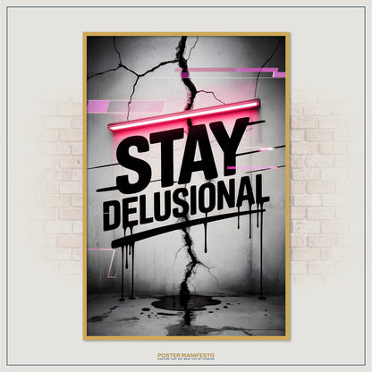Sarcastic anti-motivation poster with bold black letters and neon pink accent