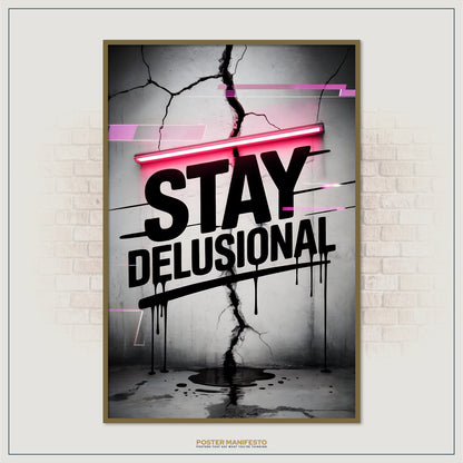 Poster with 'Stay Delusional' text on a cracked wall background