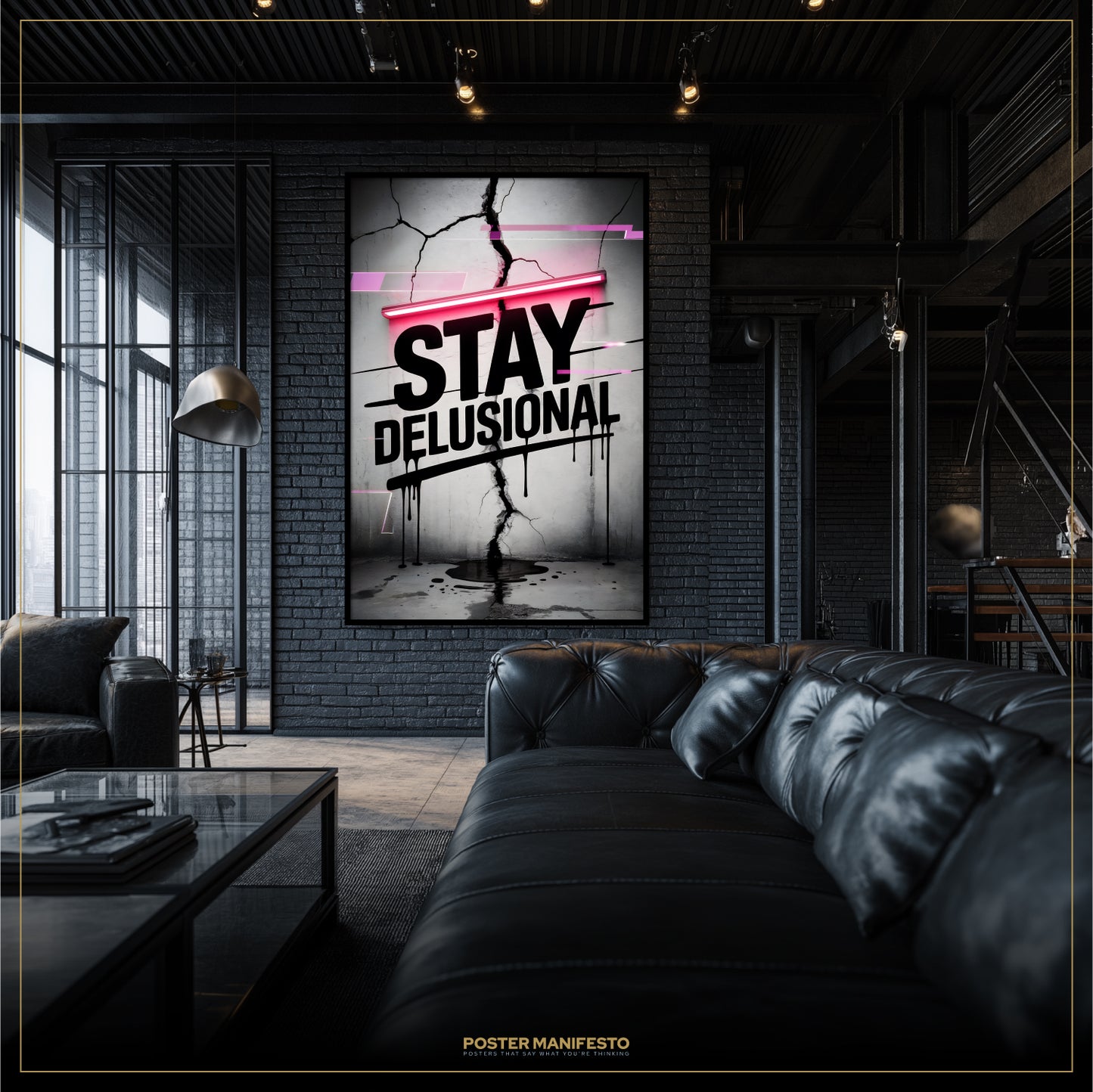 Modern living room with a 'Stay Delusional' poster on a brick wall.