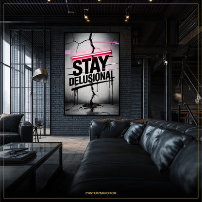 Modern living room with a 'Stay Delusional' poster on a brick wall.
