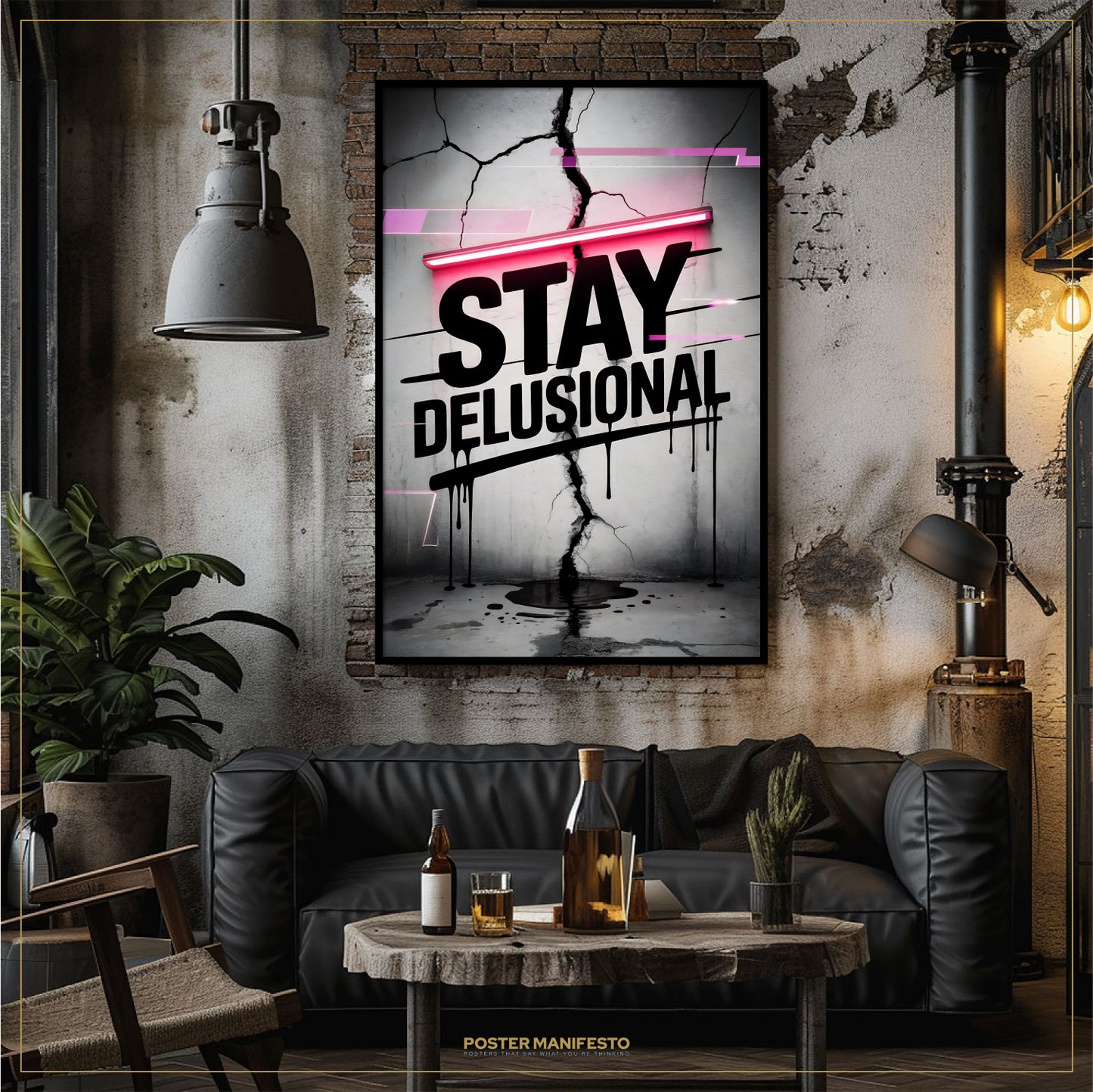 Living room with a 'Stay Delusional' poster on the wall, black sofa, and wooden table.