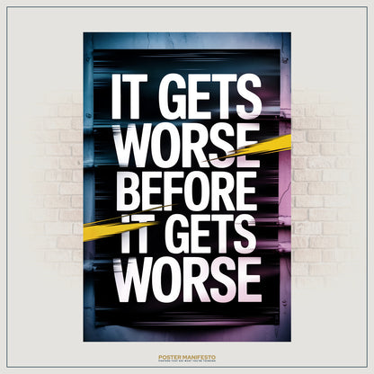 Sarcastic urban wall art featuring high-contrast text and neon accents