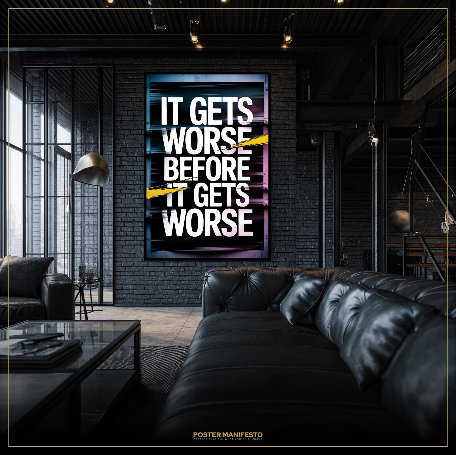 Modern living room with a motivational poster on the wall