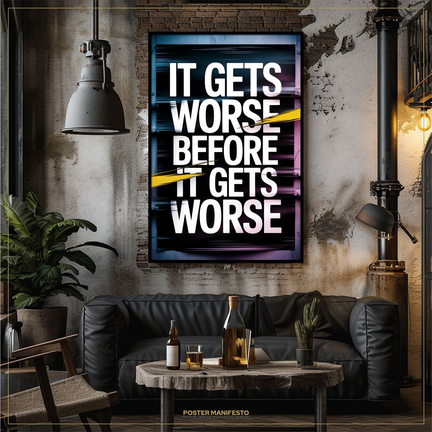 Living room with a motivational poster on the wall and a couch.