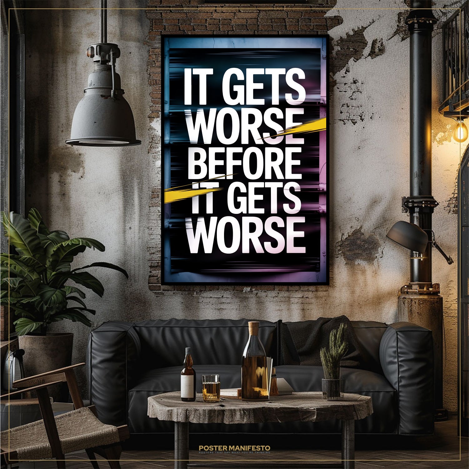 Living room with a motivational poster on the wall and a couch.