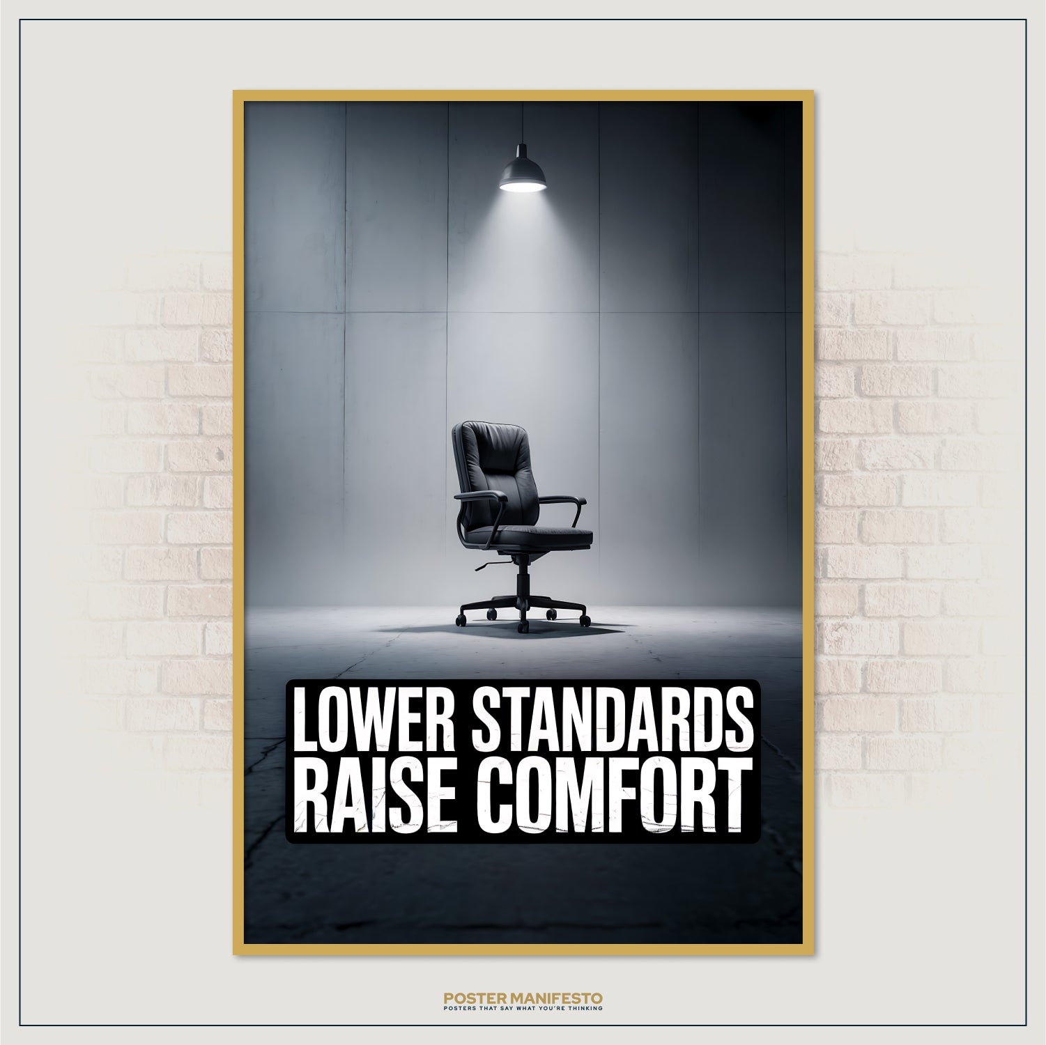 Sarcastic wall art featuring bold typography and dramatic single-chair composition
