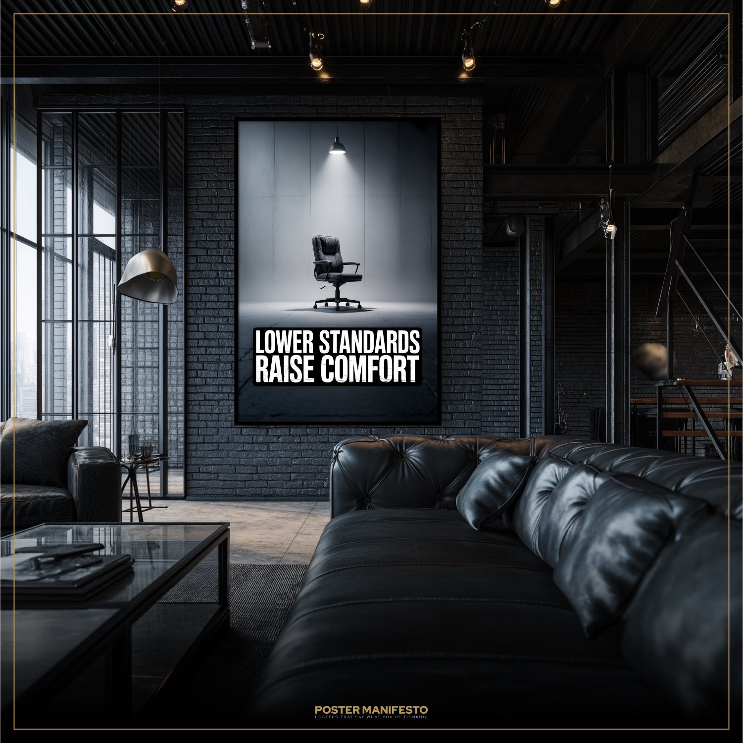 Modern living room with a black leather sofa and a framed poster on the wall.