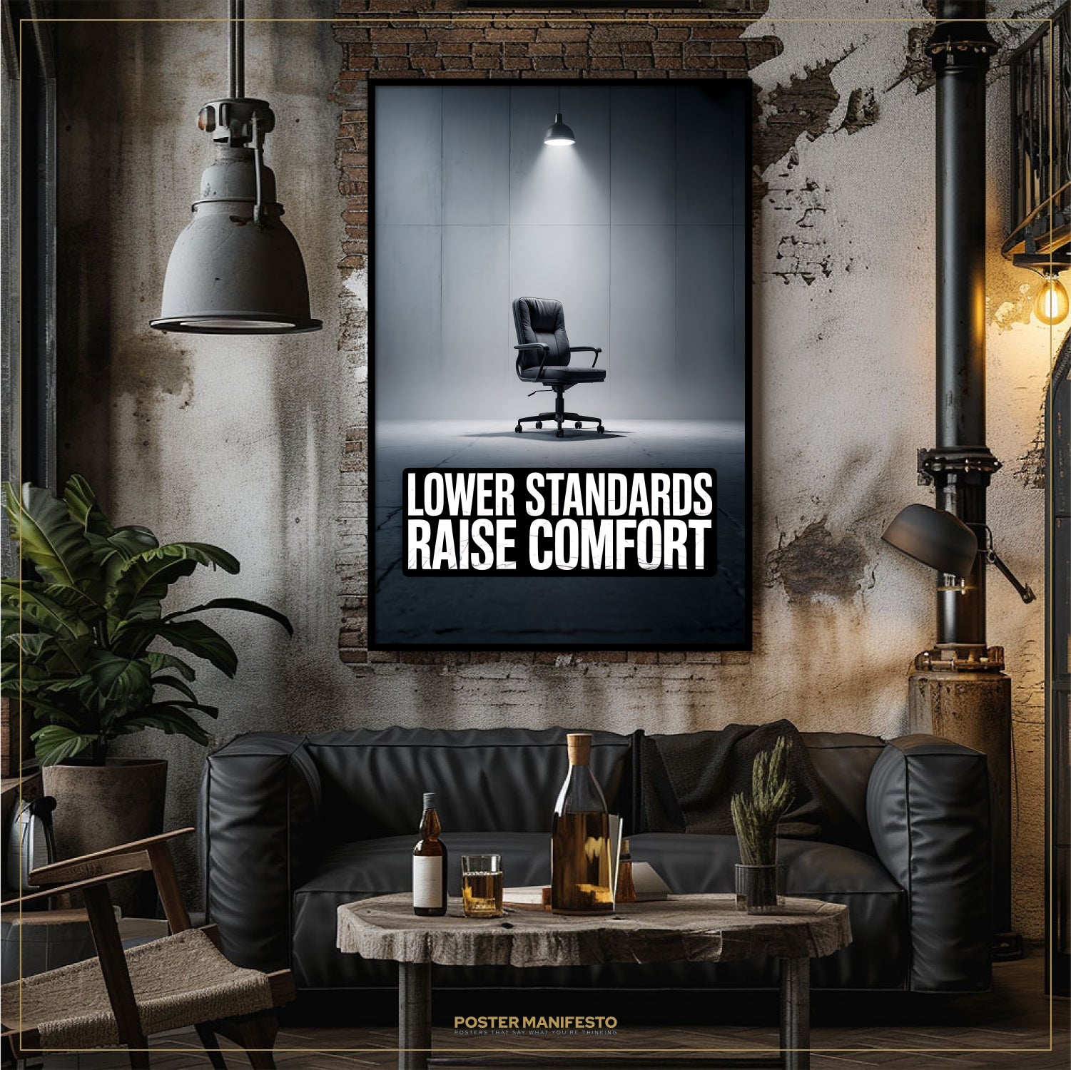 Modern living room with a black leather sofa, coffee table, and 'Lower Standards Raise Comfort' poster.