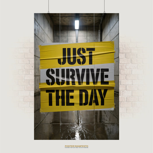 Bold typography poster reading “Just Survive The Day” in black on yellow and white taped background