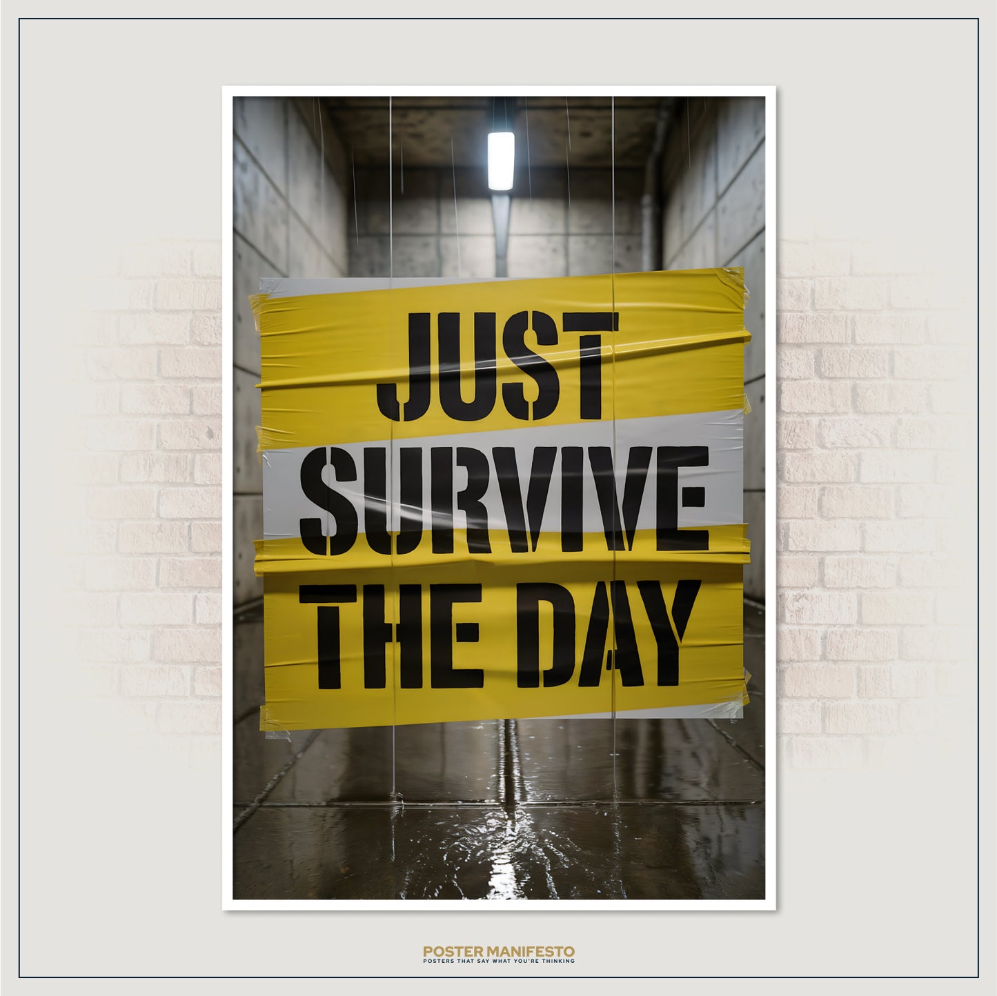 Anti-motivation poster with oversized text and gritty urban backdrop