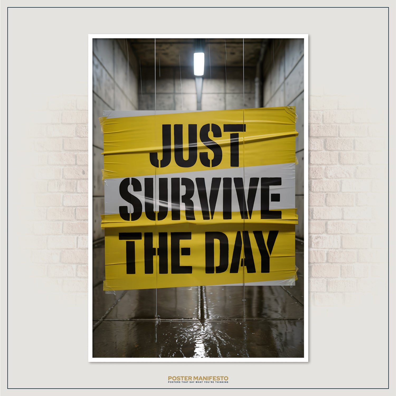 Anti-motivation poster with oversized text and gritty urban backdrop