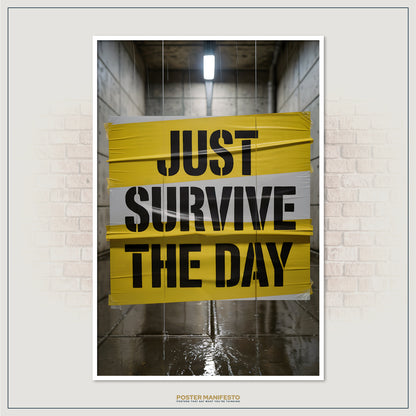 Anti-motivation poster with oversized text and gritty urban backdrop