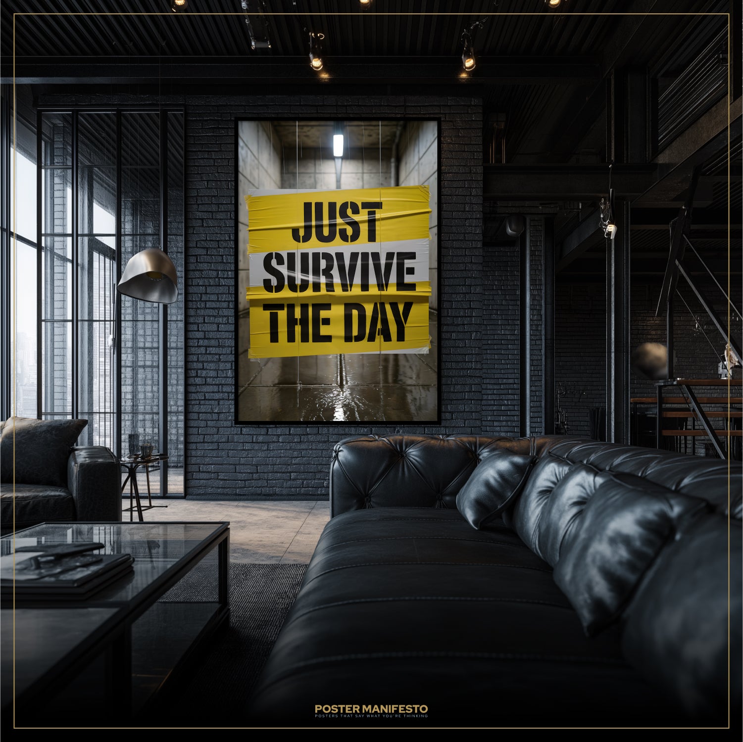 Modern living room with a black leather sofa and a motivational poster on the wall.