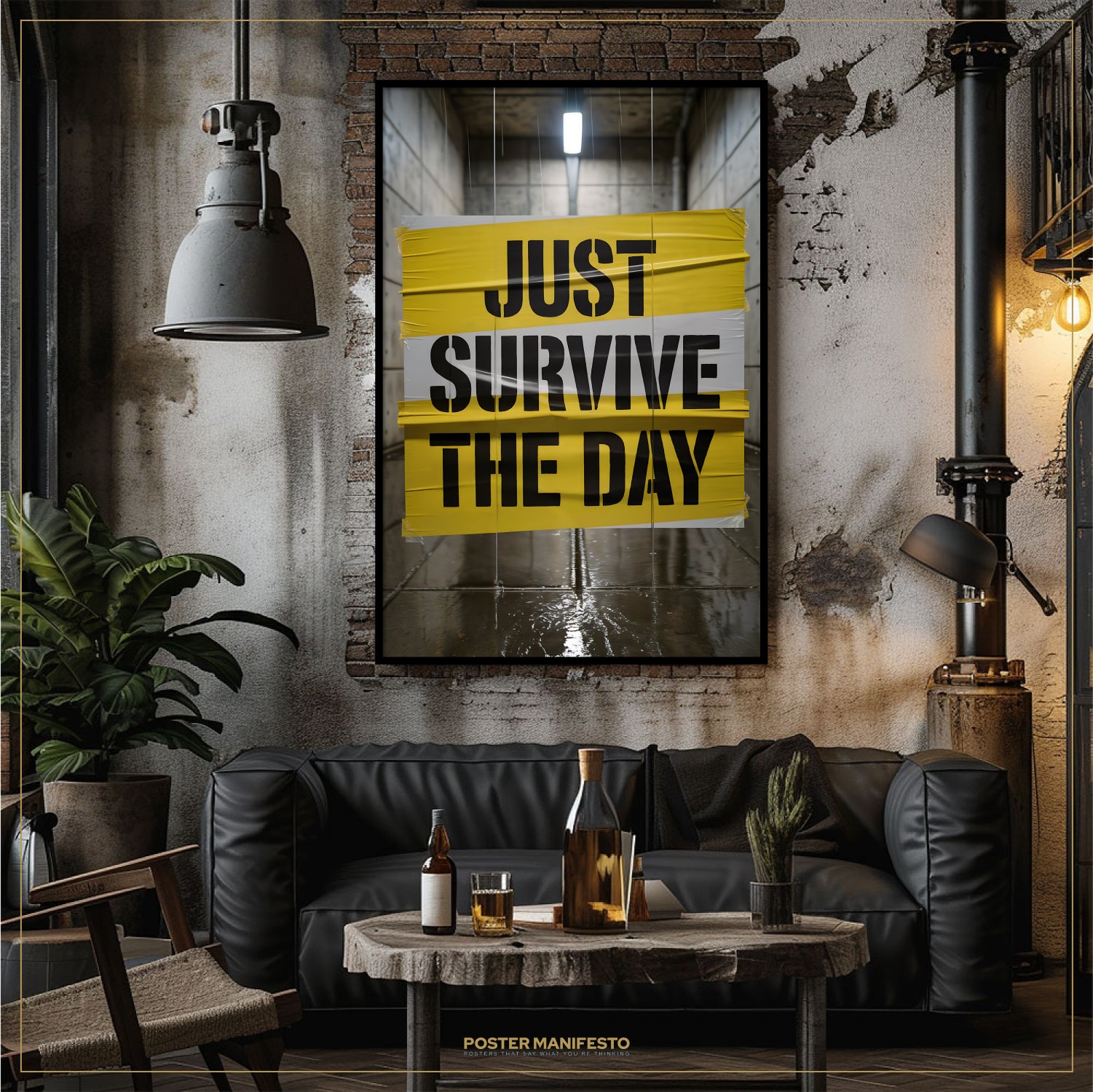 Living room with a black sofa, wooden coffee table, and 'Just Survive The Day' poster on the wall.