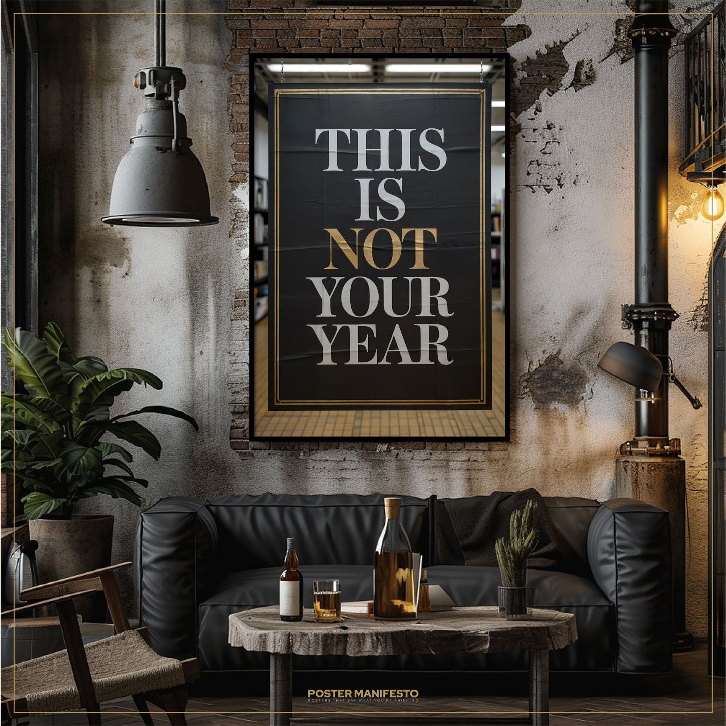 Living room with a 'This is Not Your Year' poster on the wall, black sofa, and wooden table.