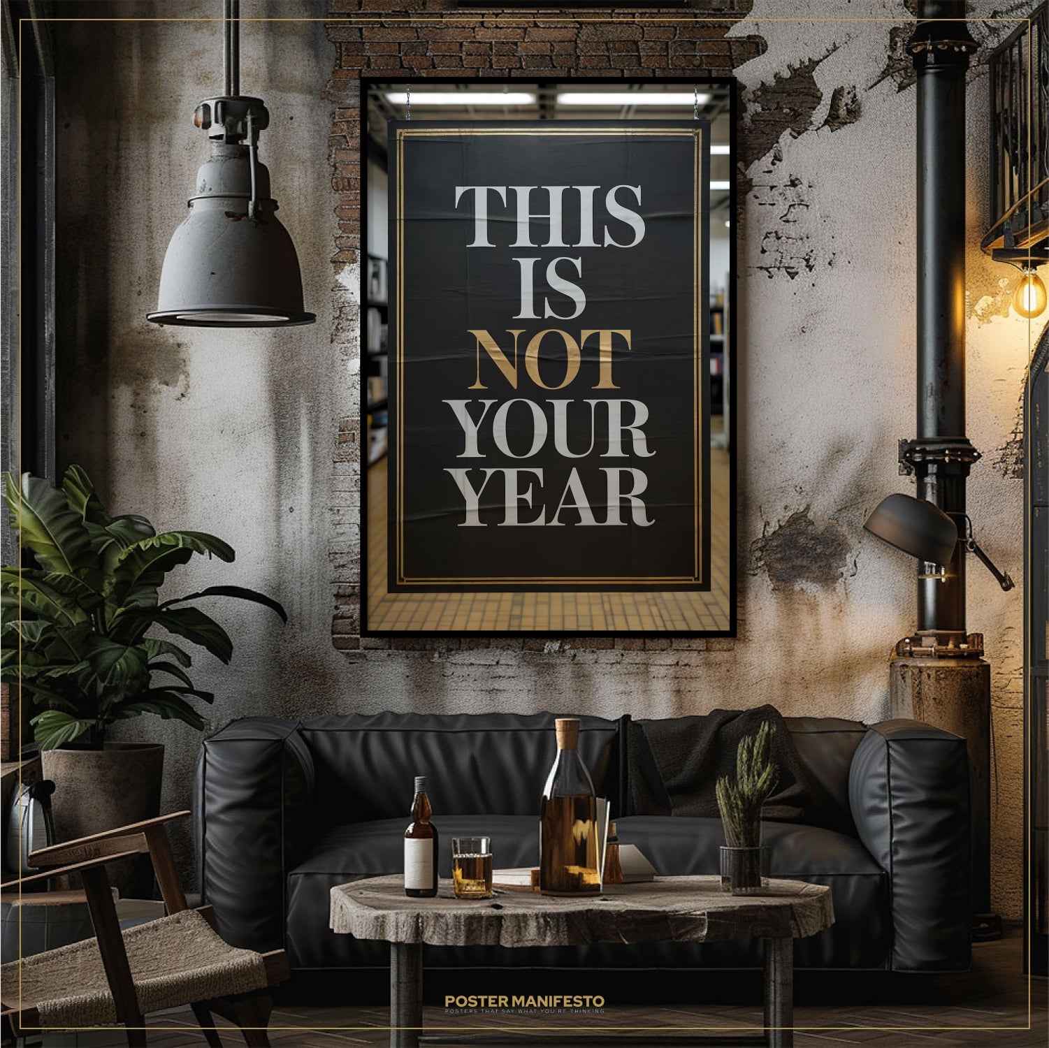 Living room with a 'This is Not Your Year' poster on the wall, black sofa, and wooden table.