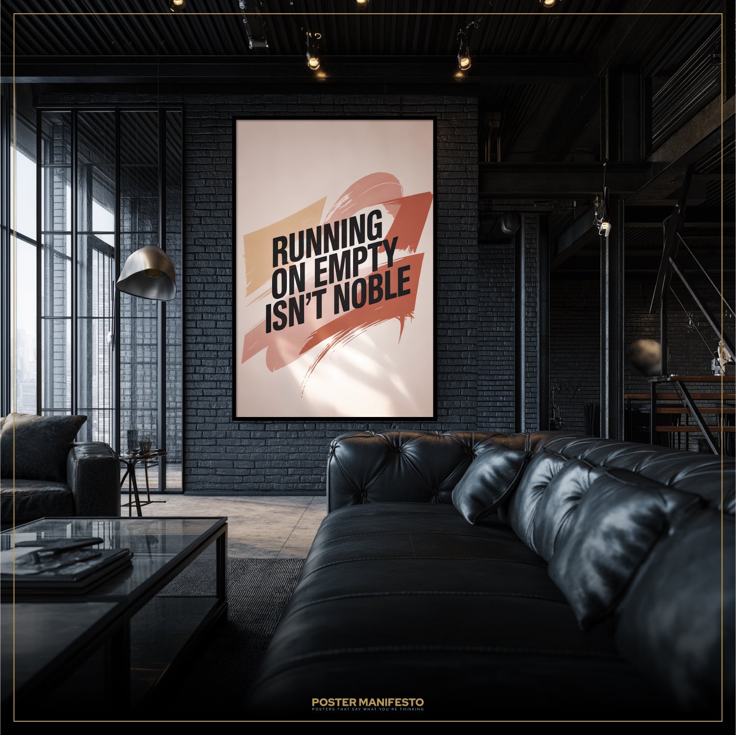 Modern living room with a motivational poster on a black wall