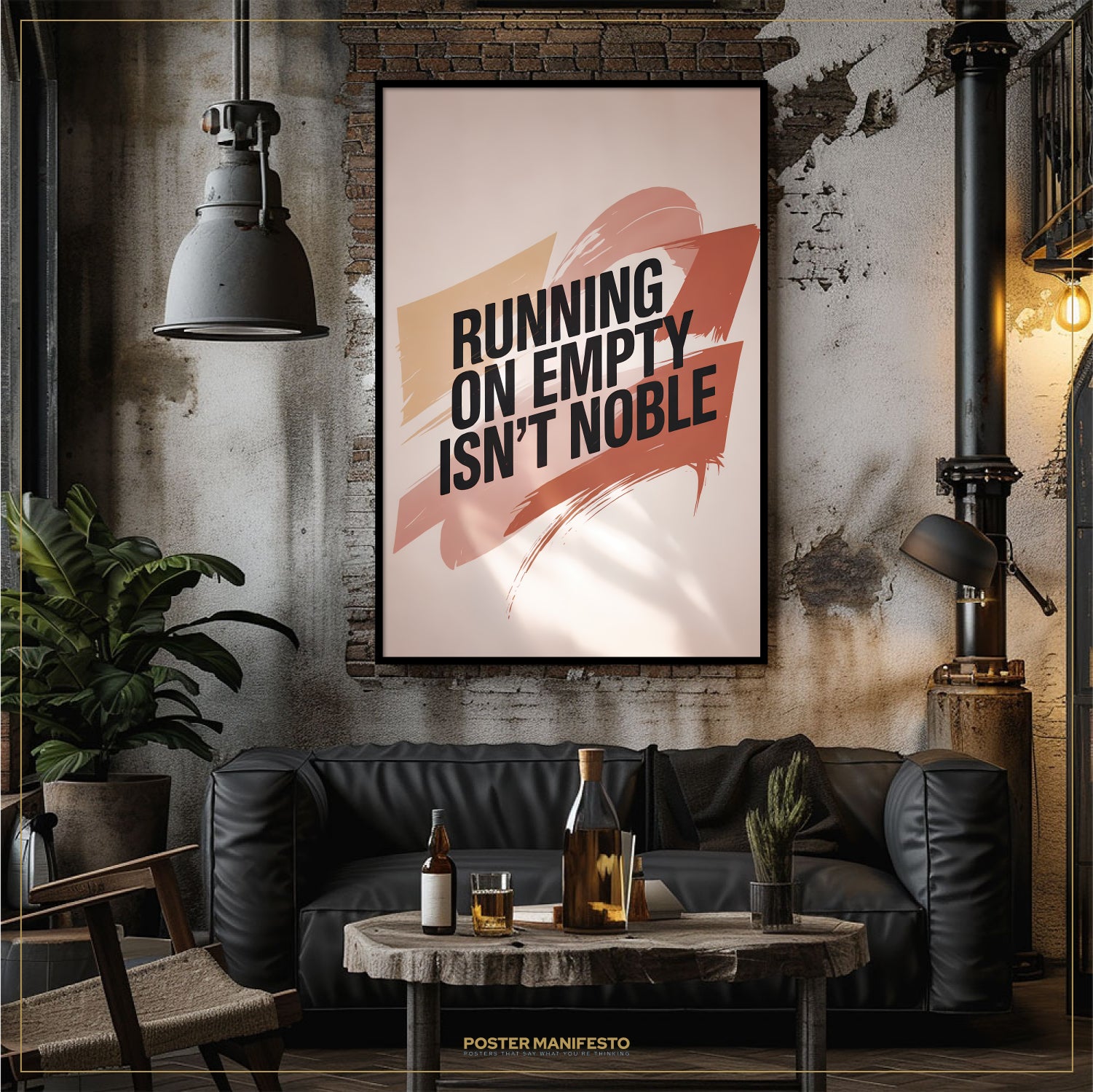 Living room with a black sofa, coffee table, and a motivational poster on the wall.