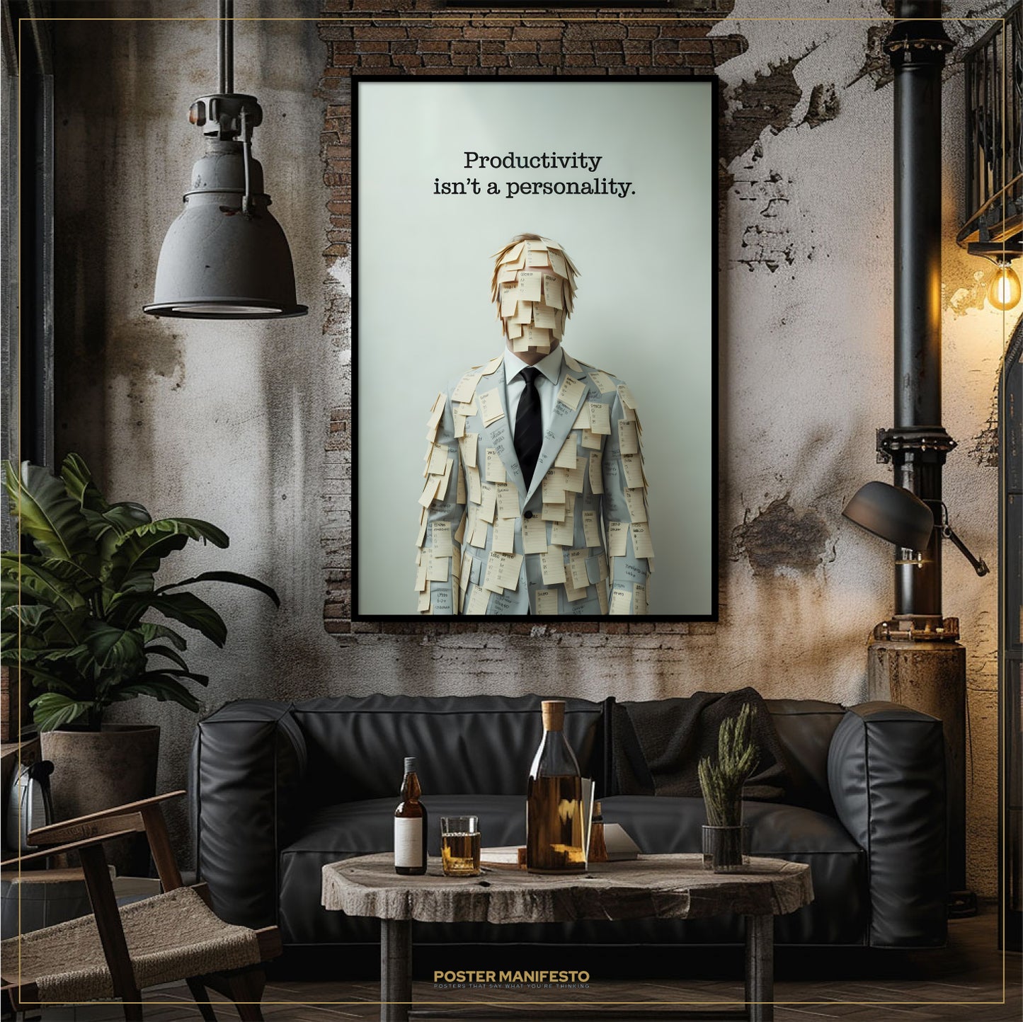 Living room with a framed poster on the wall featuring a man covered in post-it notes with the text 'Productivity isn't a personality'.