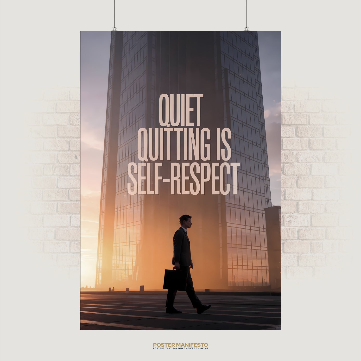 Modern poster reading “Quiet Quitting Is Self-Respect” with a businessman walking past a skyscraper at sunset