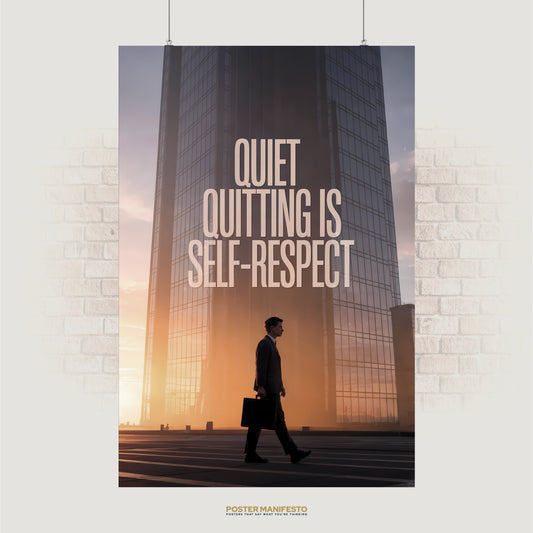 Modern poster reading “Quiet Quitting Is Self-Respect” with a businessman walking past a skyscraper at sunset