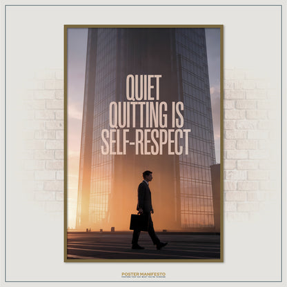 Poster with a silhouette of a person walking in front of a tall building, featuring the text 'Quiet Quitting is Self-Respect'.