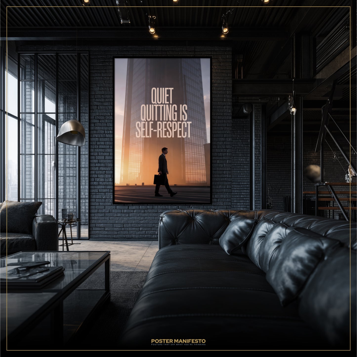 Modern living room with a motivational poster on the wall