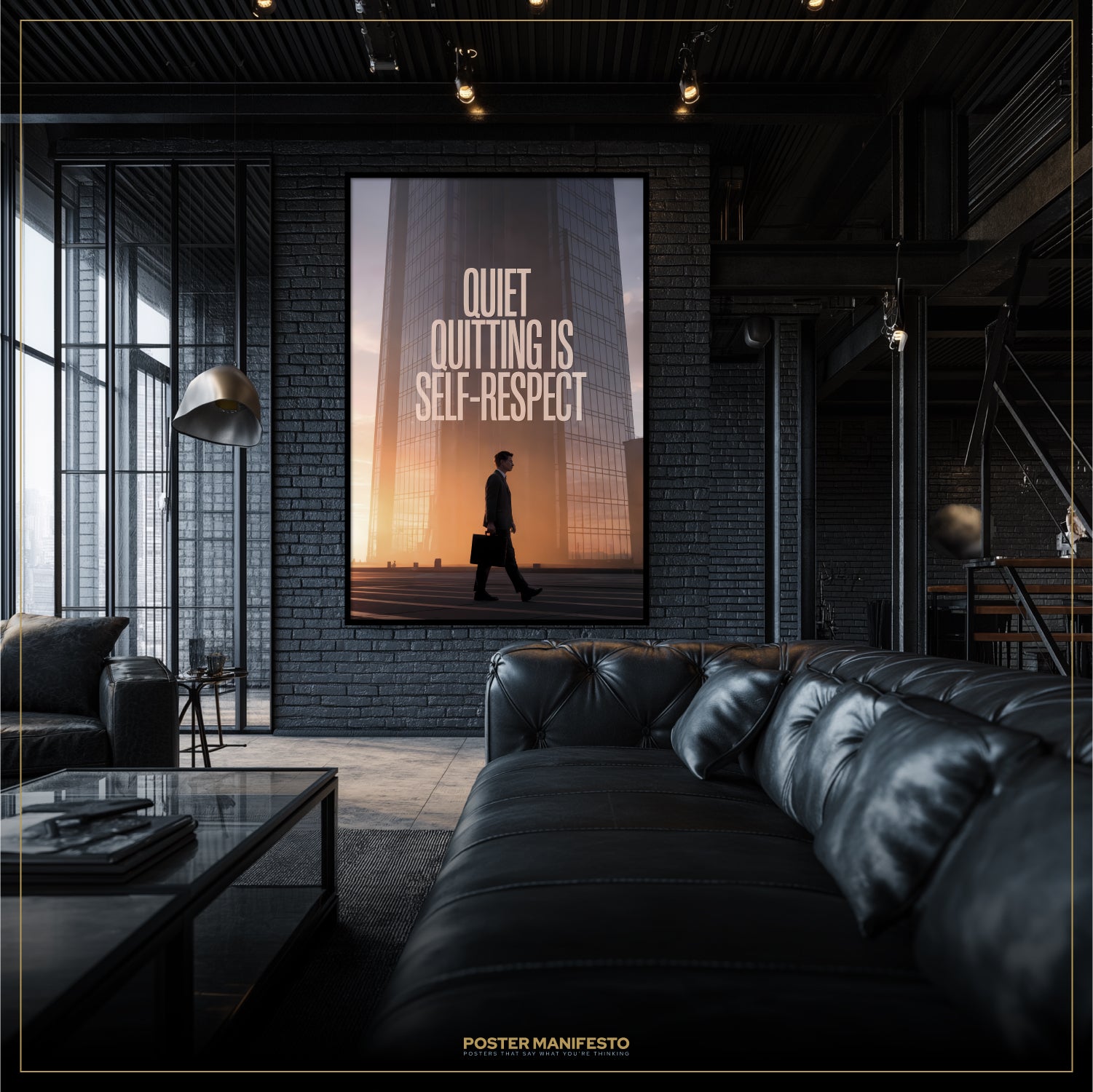 Modern living room with a motivational poster on the wall