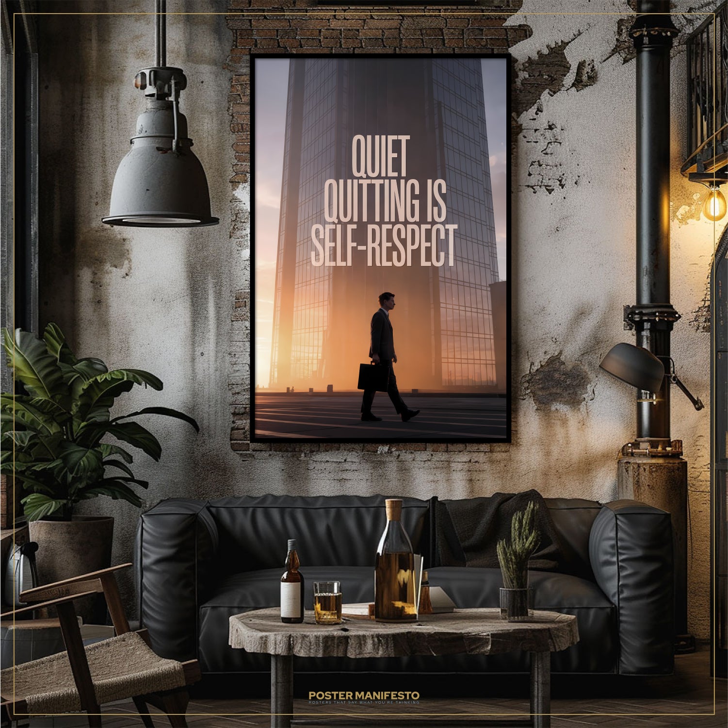 Living room with a black leather sofa, coffee table, and a motivational poster on the wall.