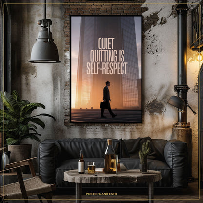 Living room with a black leather sofa, coffee table, and a motivational poster on the wall.
