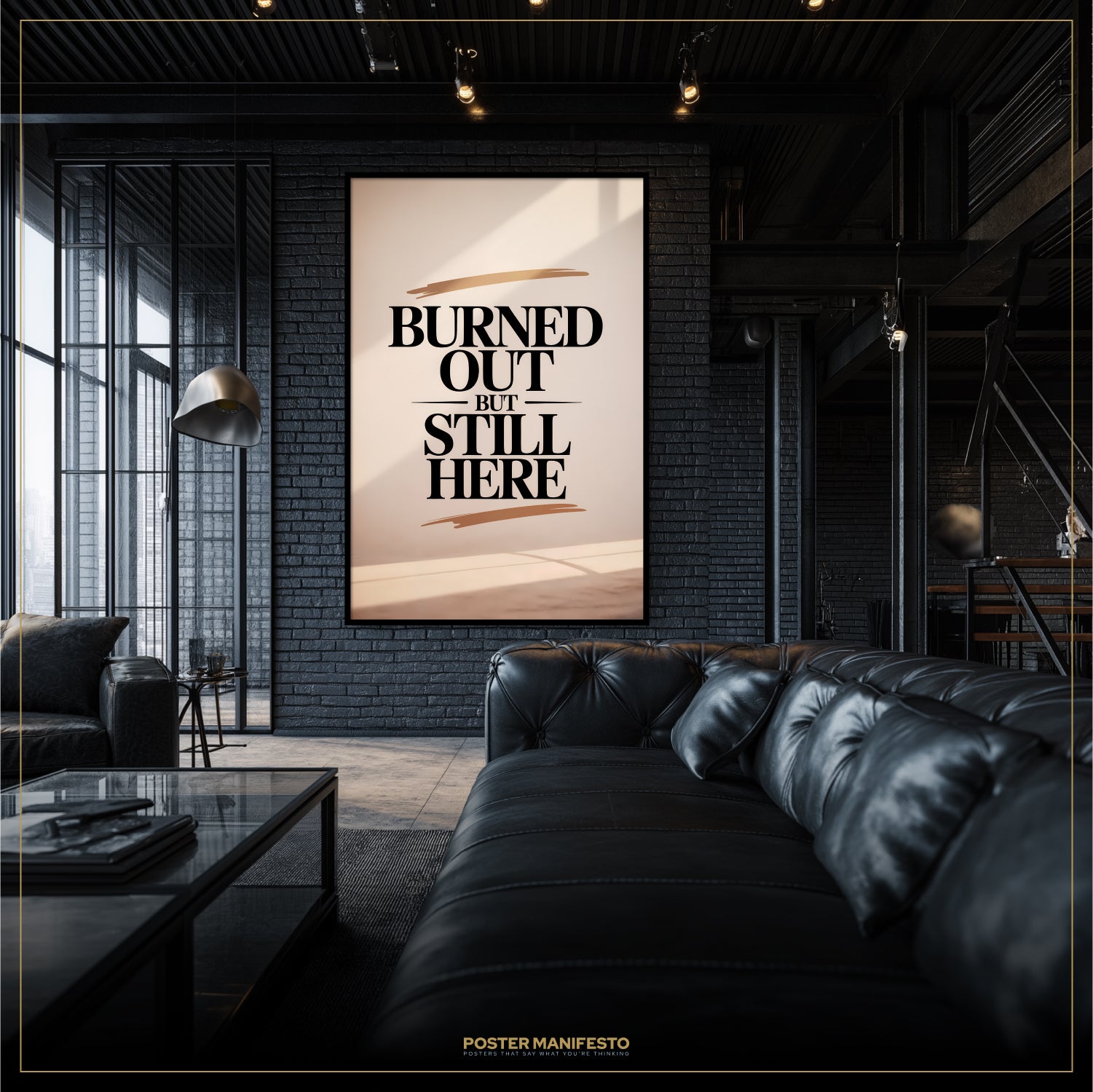 Modern living room with a black leather sofa and a motivational poster on the wall.