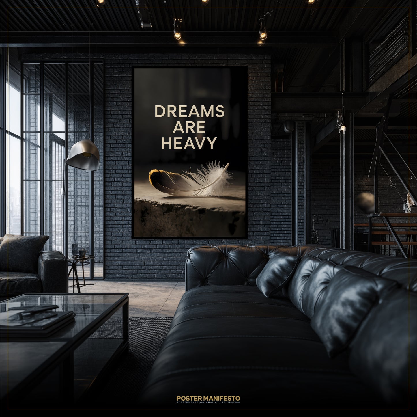 Modern living room with a black leather sofa and a framed artwork on the wall.