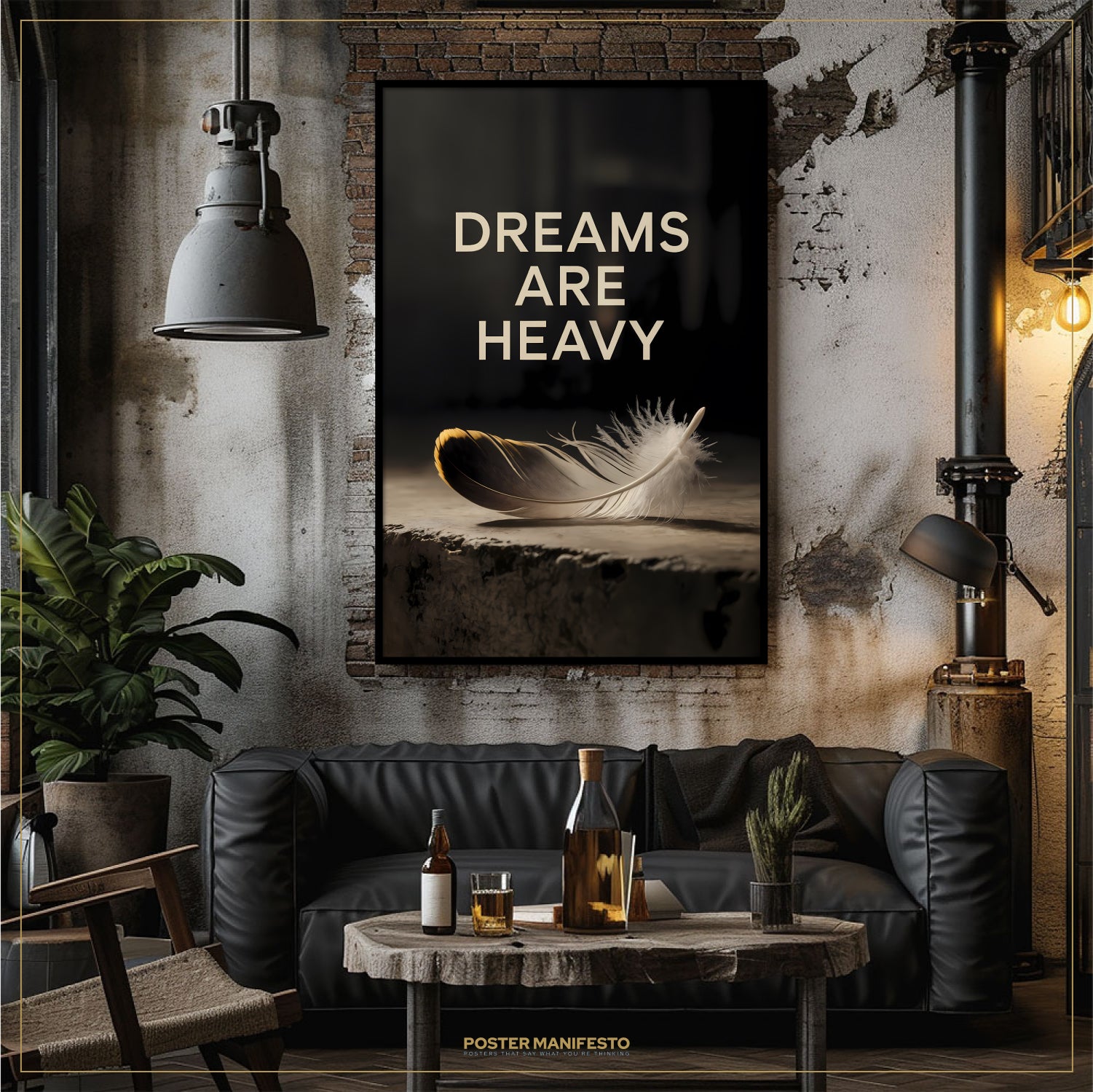 Living room with a black sofa, wooden coffee table, and 'Dreams Are Heavy' poster on the wall.