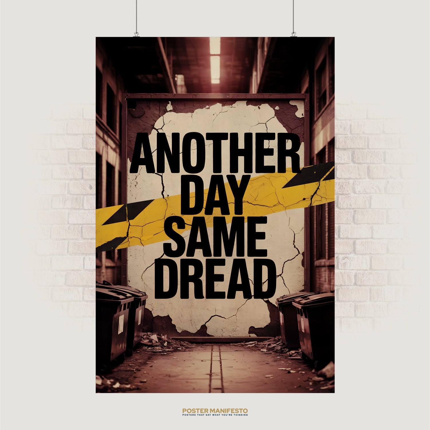 Bold typography poster reading “Another Day Same Dread” with hazard stripe across cracked wall