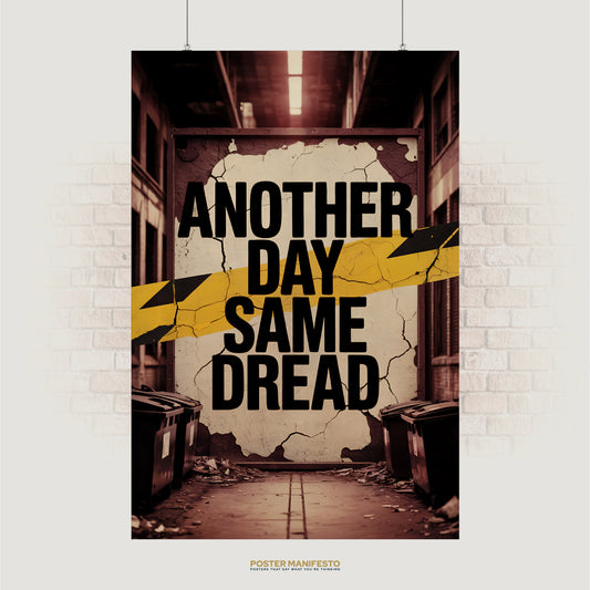 Bold typography poster reading “Another Day Same Dread” with hazard stripe across cracked wall