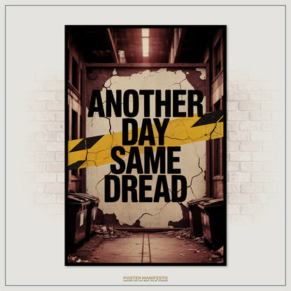 Poster with 'Another Day Same Dread' text on a distressed wall background