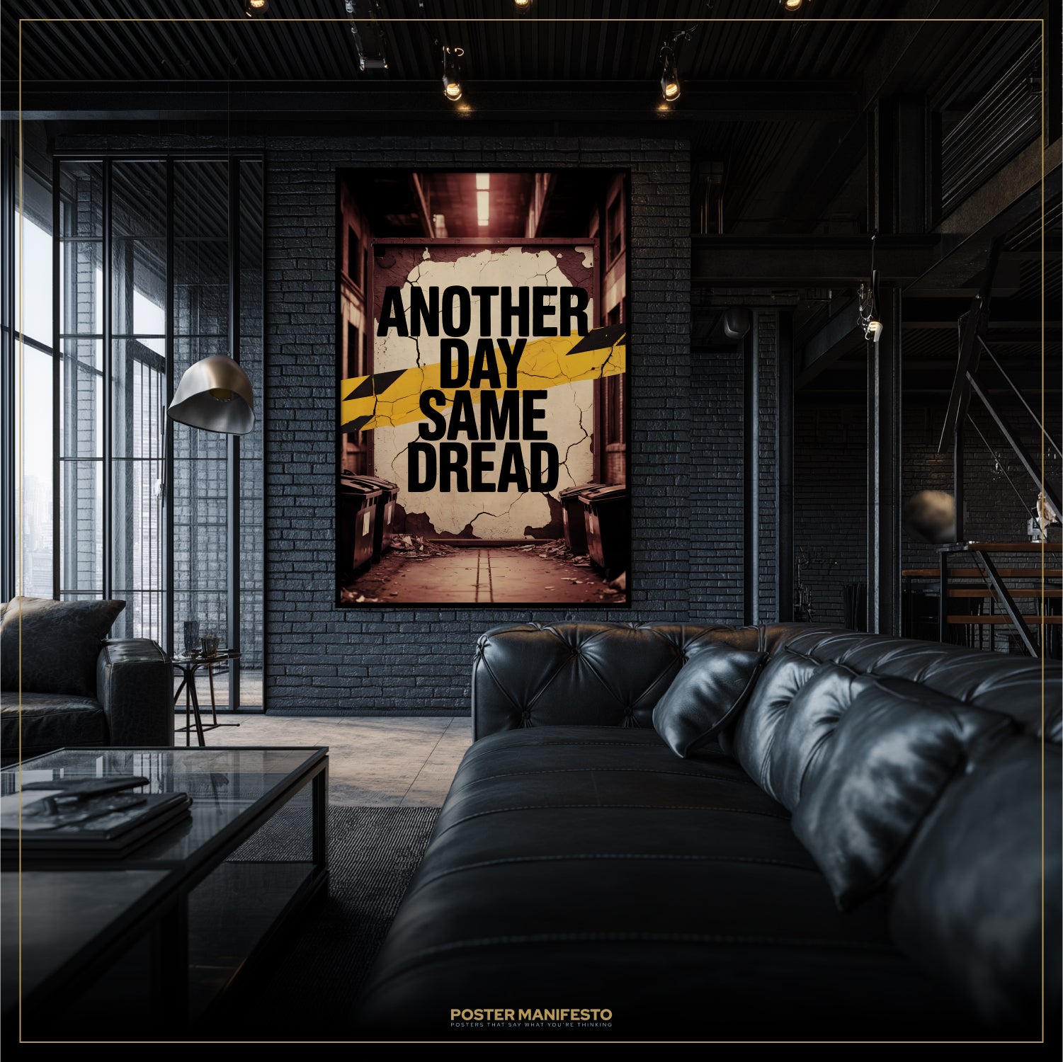 Modern living room with a dark brick wall featuring a motivational poster.