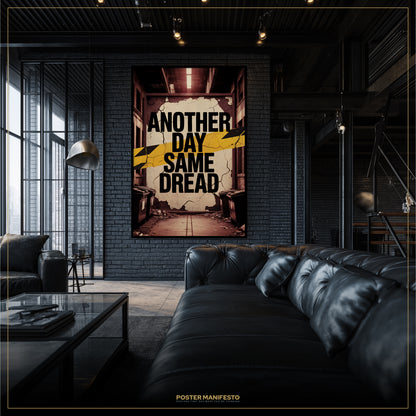 Modern living room with a dark brick wall featuring a motivational poster.