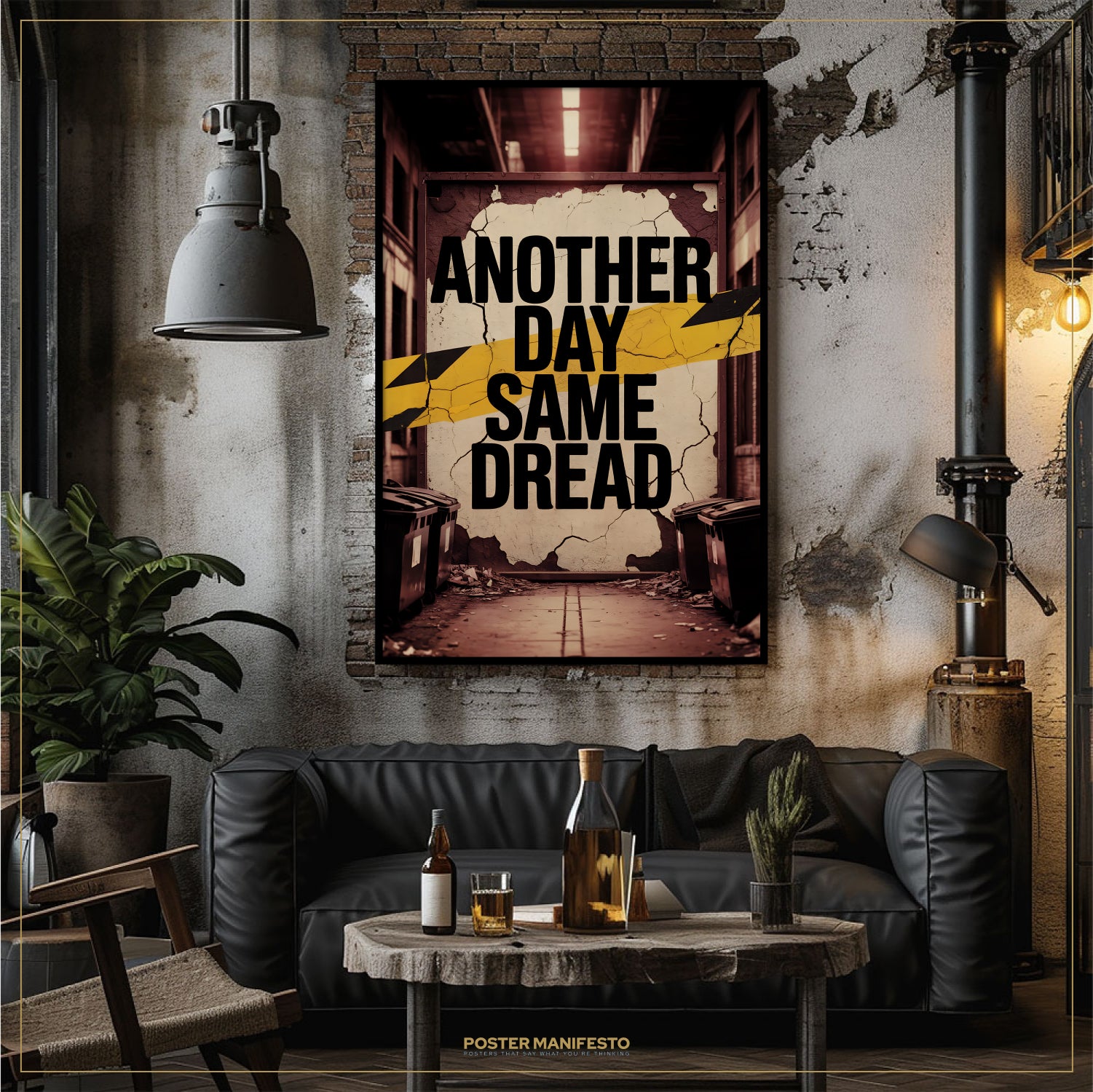 Living room with a black leather sofa, wooden coffee table, and 'Another Day Same Dread' poster on the wall.