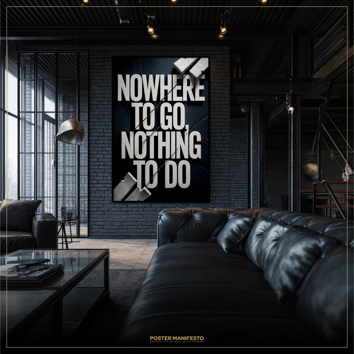 Modern living room with a black leather sofa and a motivational poster on the wall.