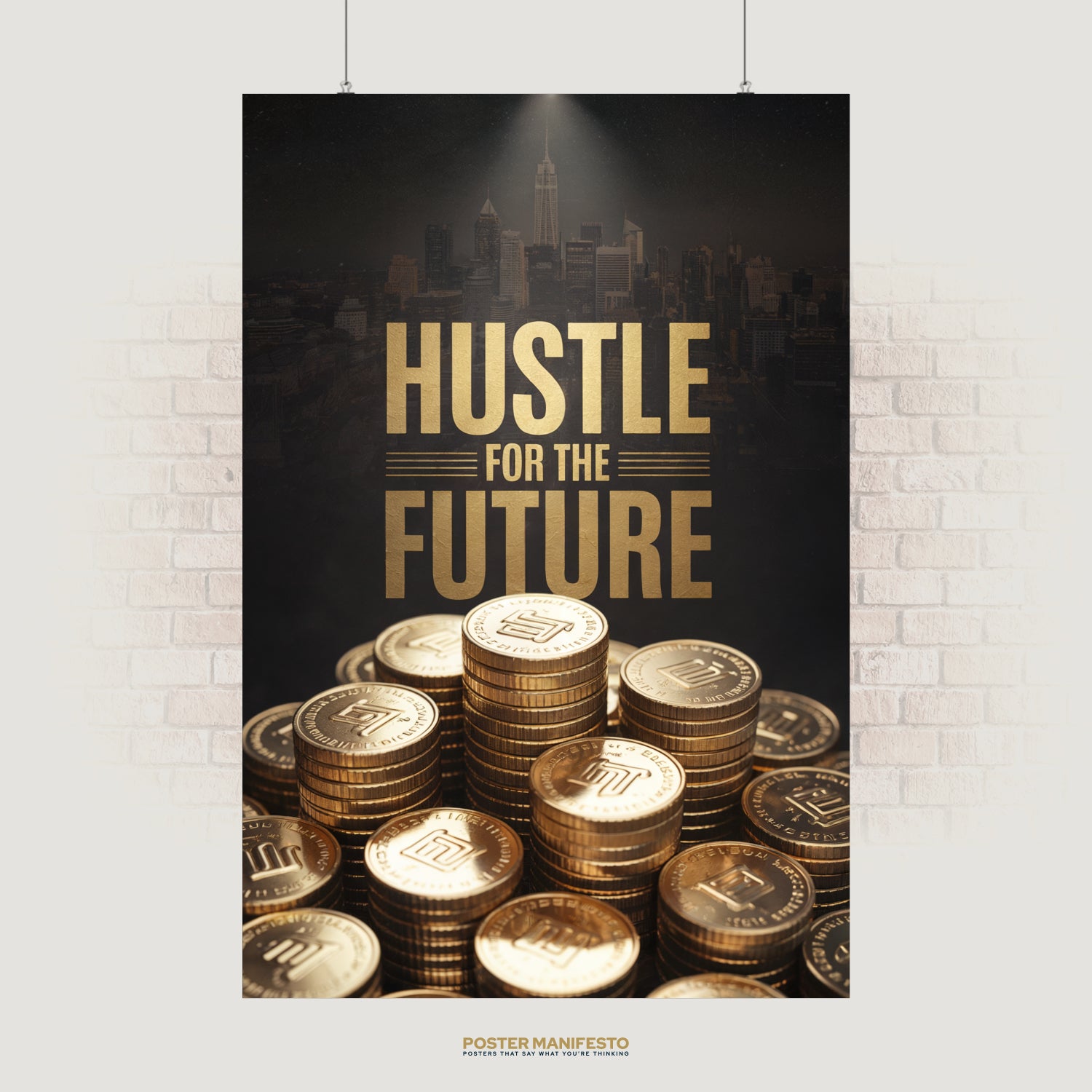 Motivational poster with gold text “Hustle for the Future” above stacks of golden coins.