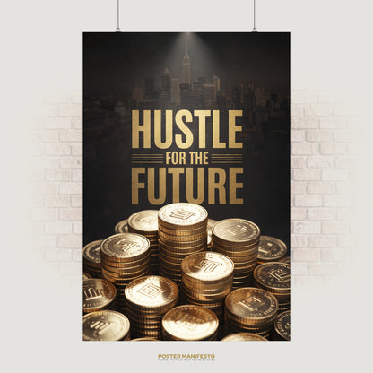Motivational poster with gold text “Hustle for the Future” above stacks of golden coins.