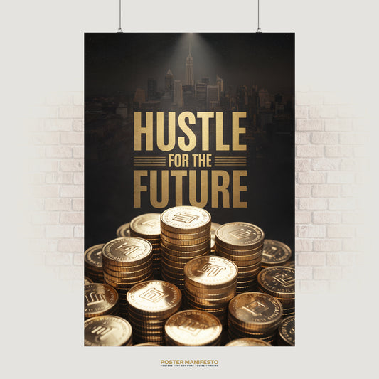 Motivational poster with gold text “Hustle for the Future” above stacks of golden coins.