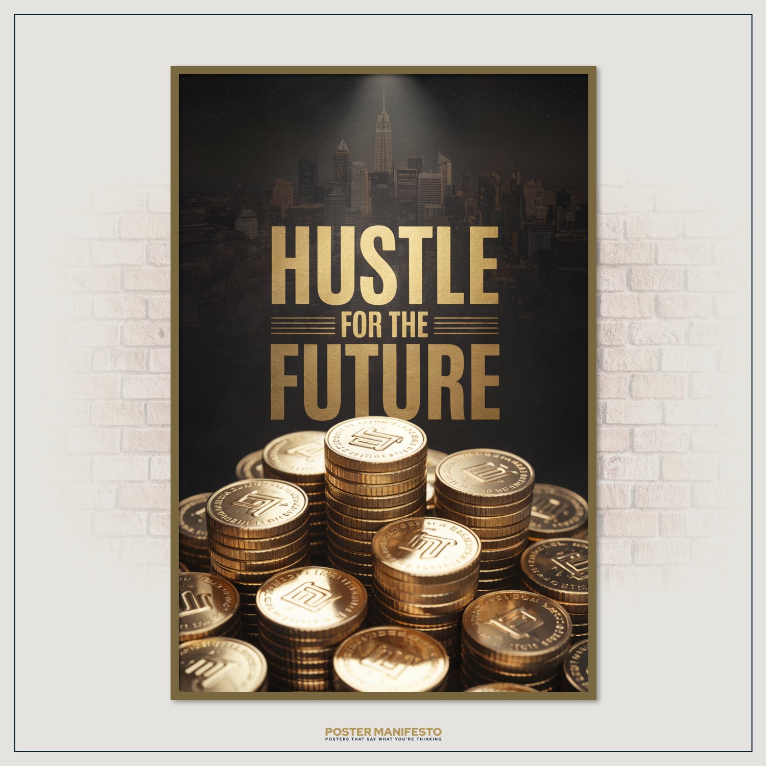 Entrepreneur wall decor with motivational gold text and wealth-inspired design.